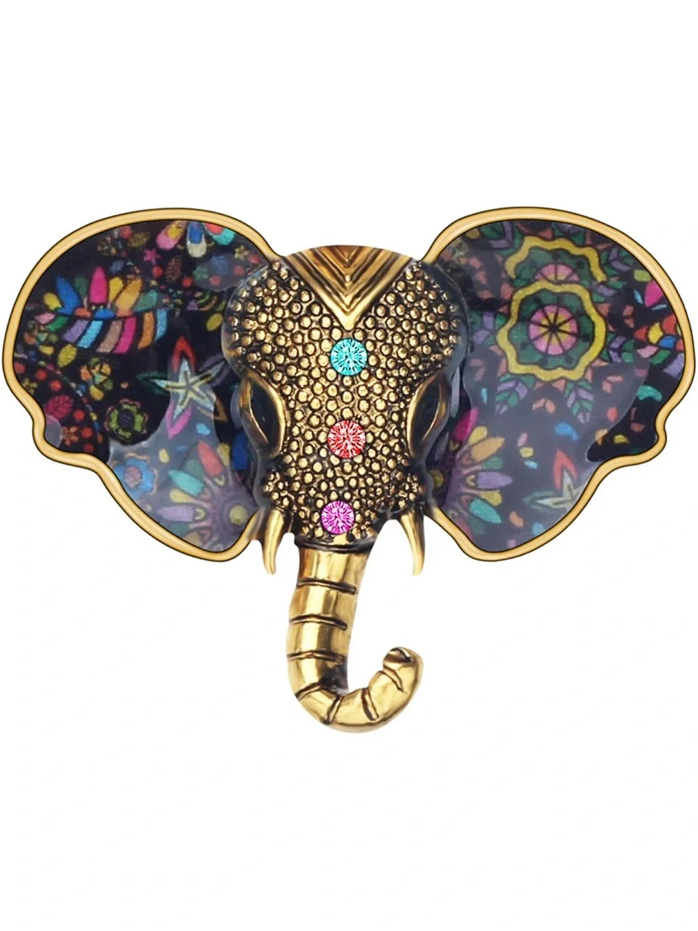 New Gold Elephant Wall Hook with Multicolor Patterned Ears